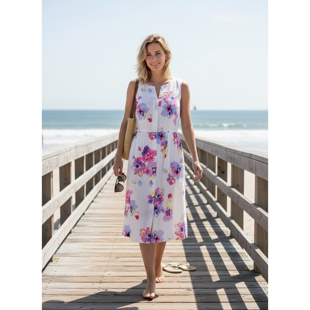 JOULES New Lisia Garden Floral Linen Sleeveless Midi Dress 8 Coastal Cottagecore